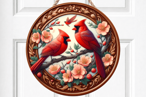 Couple Red Cardinal Floral Door Sign