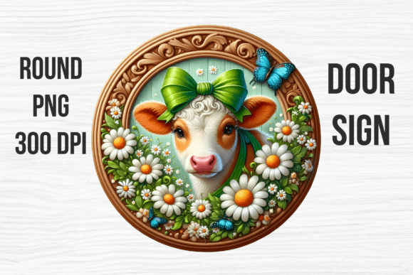 Floral Highland Cow Green Door Sign
