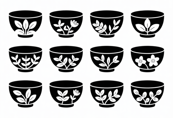 Floral Tea Bowl Clipart Black White