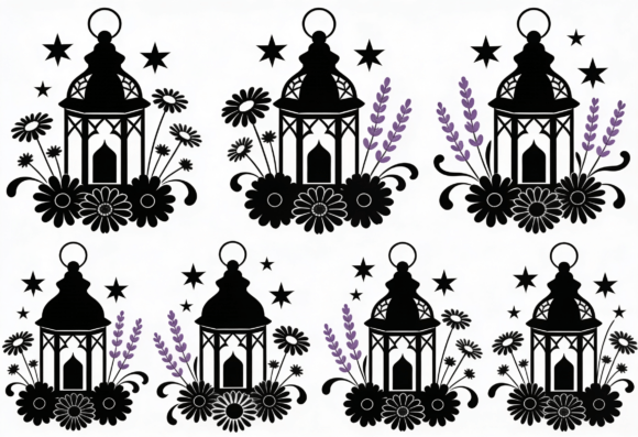 Lantern Floral Stars Black White Vector Review